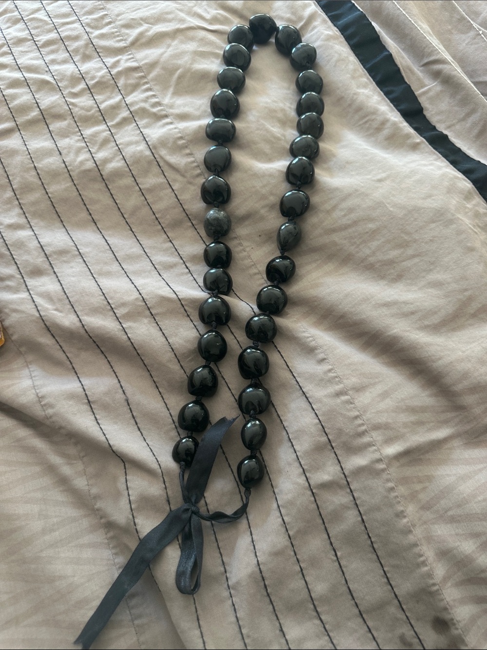 Black Beaded Necklace with Ribbon Tie